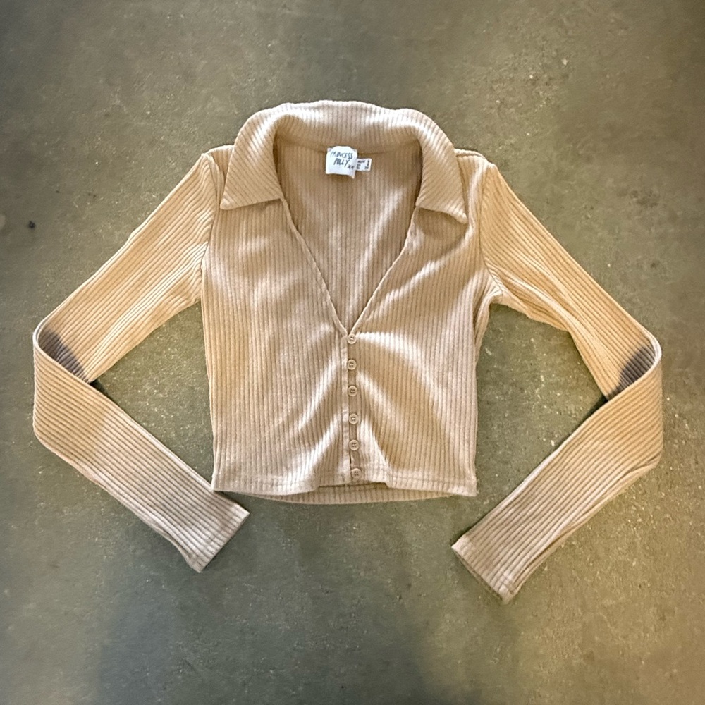 PRINCESS POLLY WOMENS LONG SLEEVE CROP TOP, SIZE US 2, TAN/BEIGE